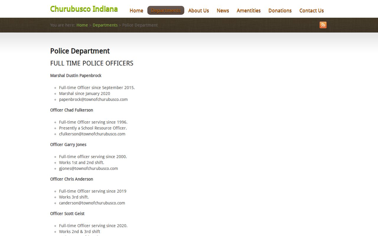 Churubusco warrant search source showing the Whitley County local marshal and police page
